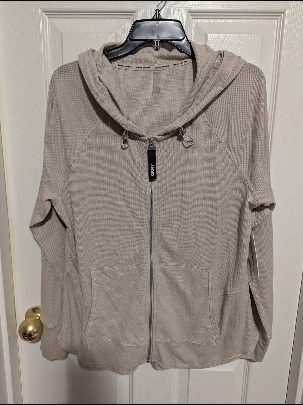 DKNY Neutral Beige Zip-Up Hooded Sweatshirt